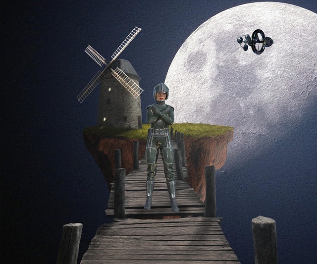 Free woman moon windmill illustration