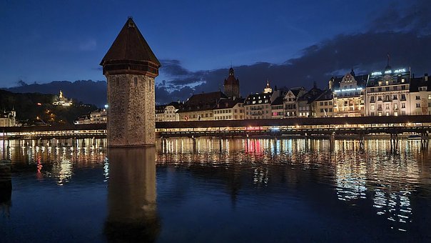 Lucerne, Sø, Tårn, Nat, Schweiz, Lys, By