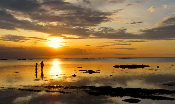 Sonnenuntergang, Meer, Strand, Menschen