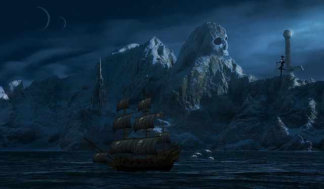 Free background mountains ocean skull illustration