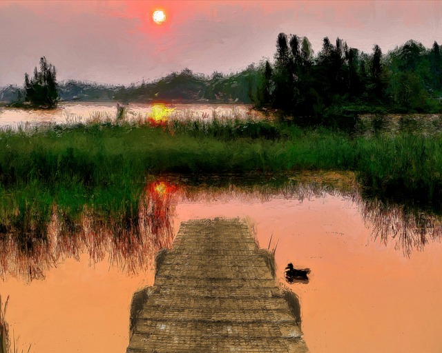 See, Sonnenuntergang, Seebrücke, Dock