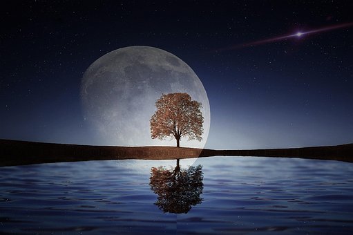 Luna, Lago, Noche, Cielo, Cielo Azul