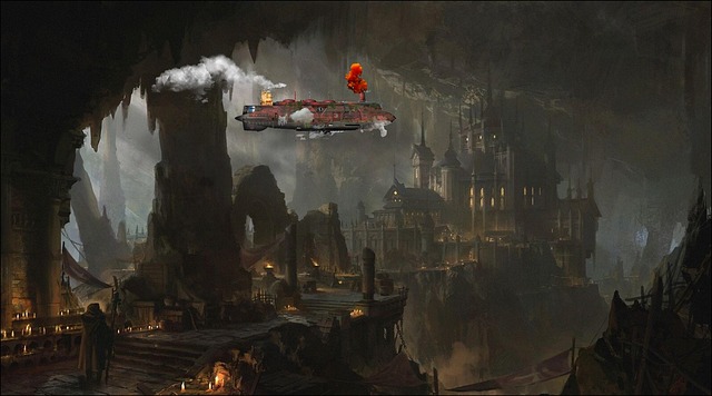 Free airship steampunk cave illustration
