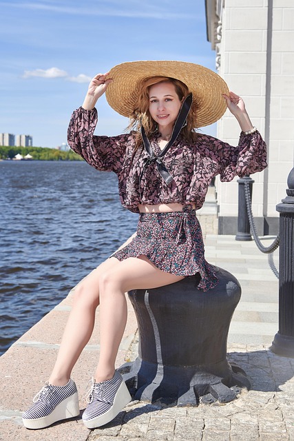 woman, young woman, fashion, style, short skirt, resort wardrobe, hat, architecture, romantic style, turgenev girl, nature, floral print, classic, pier, bay, sea, water
