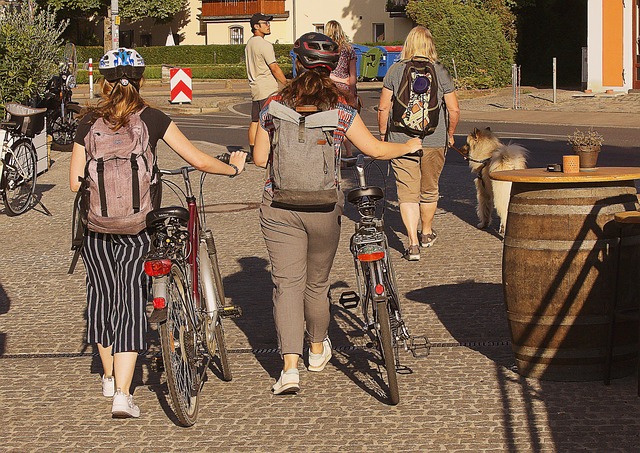 women, bicycles, pedestrian zone, shopping, street, downtown, urban, bike ride