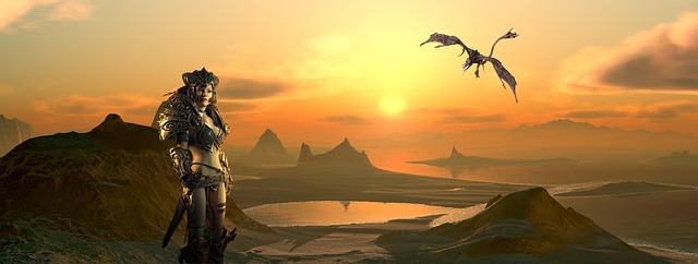 Free warrior dragon sunset illustration