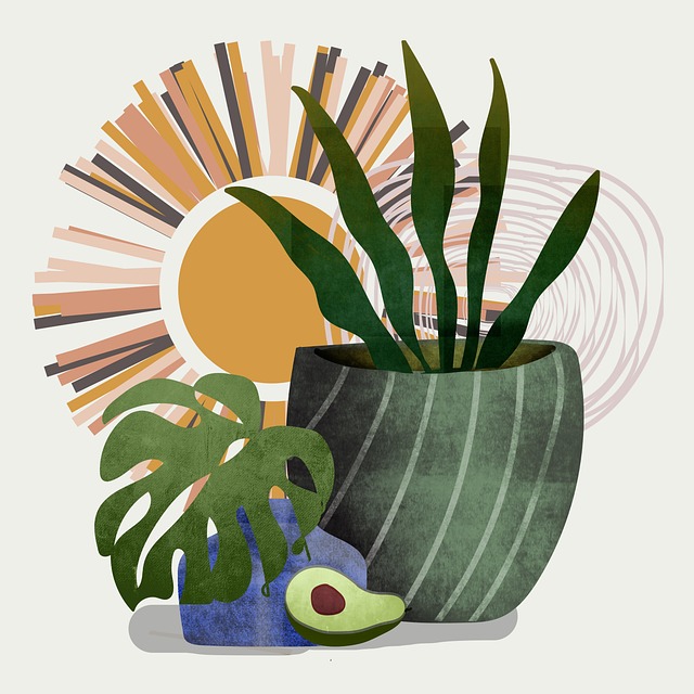 Free monstera boho art style potted plants illustration