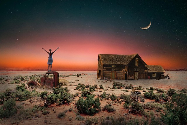 Free desert woman with arms raised moon illustration