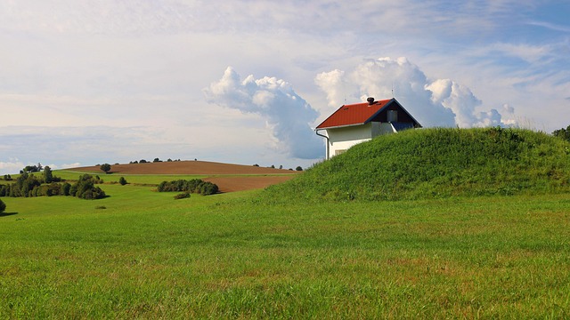 grass, meadow, house, clouds, sky, summer, green, landscape, nature, field, lawn, roof, lawn, lawn, lawn, lawn, lawn, roof
