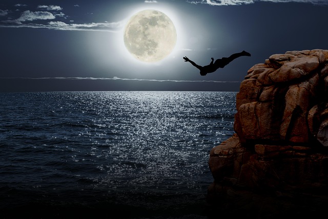 Free jumping into the water rocky outcrop night illustration