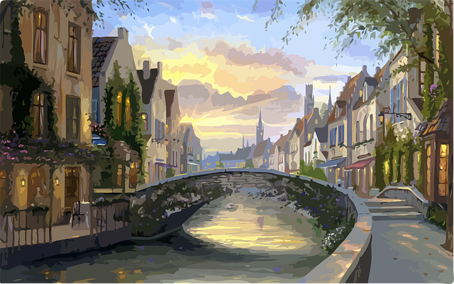 Download free HD stock image of Bridge Village Free bridge village painting vector