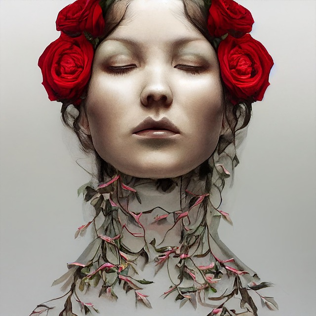Frau, Surrealismus, Ölgemälde, Blumen
