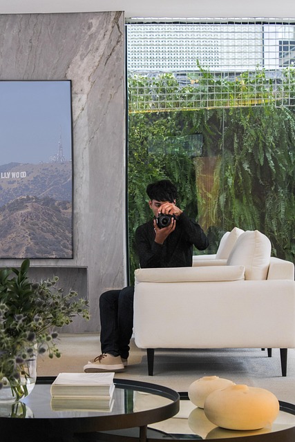 Mand, Fotografere, Lobby, Kamera, Sofa