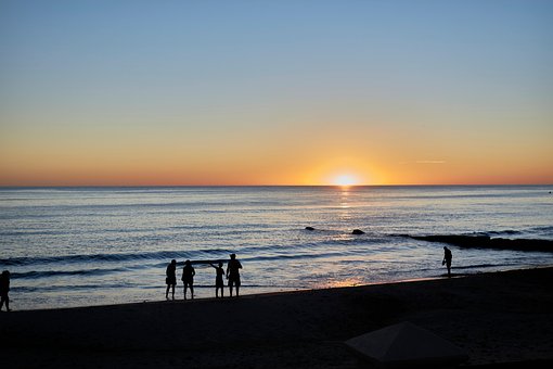 Strand, Solnedgang, Familie, Ferie, Hav