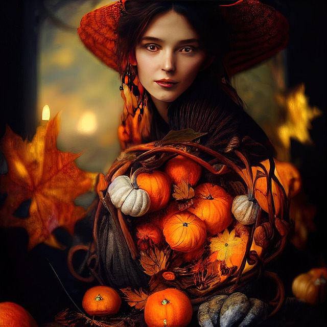 Free witch woman pumpkins illustration