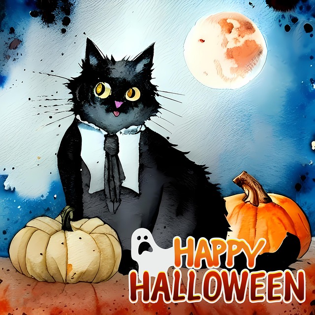 Free halloween black cat postcard illustration