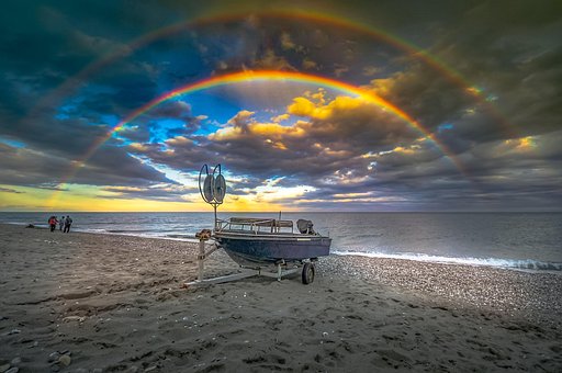 Meer, Regenbogen, Sonnenuntergang