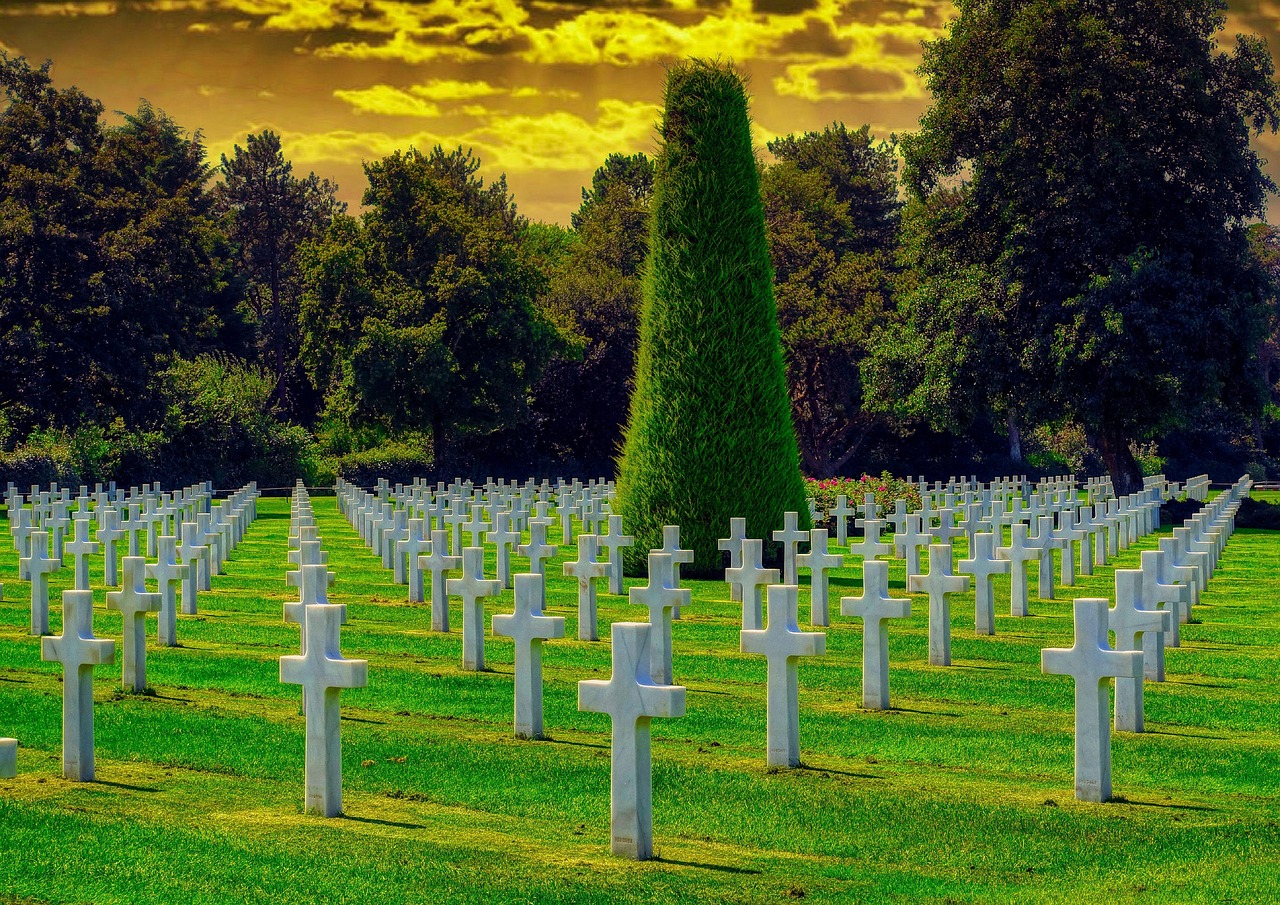 Peaceful memorial cemetery at sunset representing remembrance and honor on Memorial Day