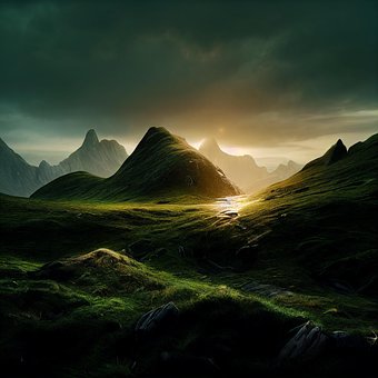 Solnedgang, Bjerg, Natur, Græs, Landskab