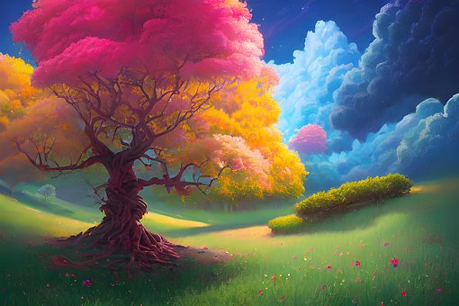 Ölgemälde, Bunter Baum, Feld, Kunst