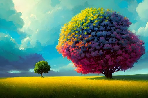 Ölgemälde, Bunter Baum, Feld, Kunst
