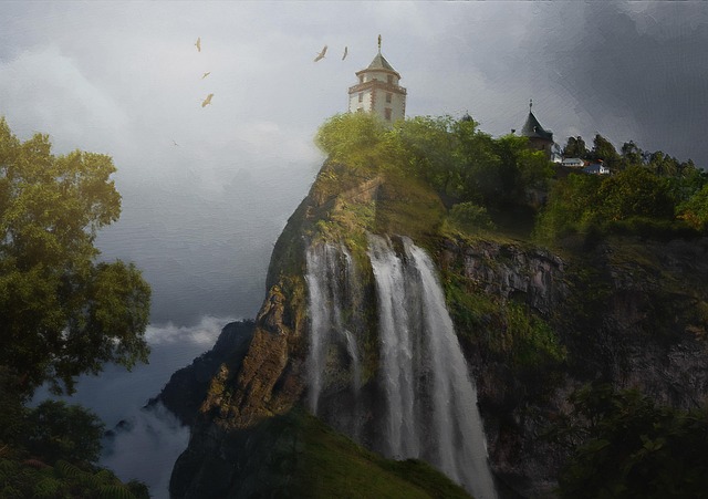 Free tower waterfall painting illustration