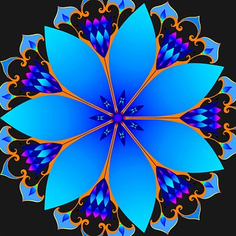 Bloem, Mandala, Blauw, Gekleurd