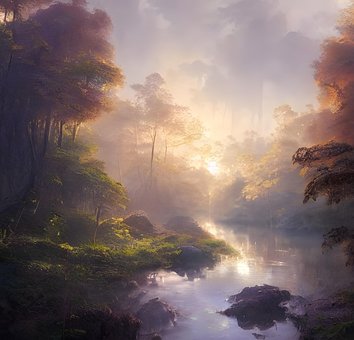 Öl, Fluss, Wald, Zeichnung, Kunst