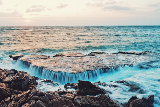 waterfall, sea, dawn, sun, rotten cave, nature, stone, waves, crashing waves