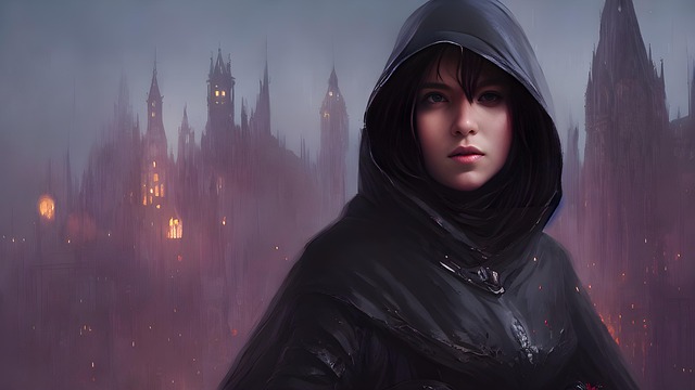 Free woman hood gothic city illustration