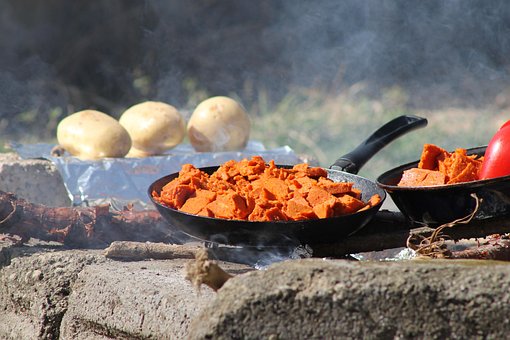 Fogata, Cámping, Comida, Carne, Patatas