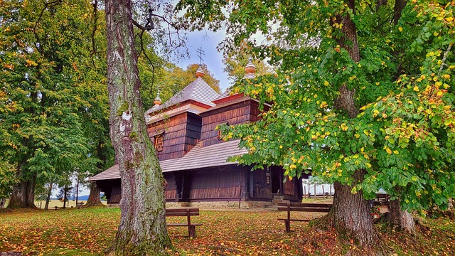 Iglesia, Bieszczady, Otoño, Árboles
