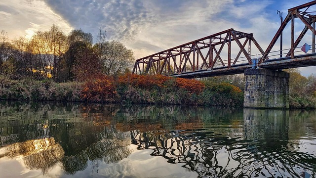 Puente, Río, Otoño, Atardecer, Árboles