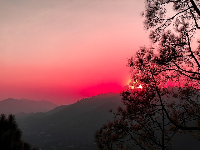 Solnedgang, Rød, Aften, Bjerge, Natur