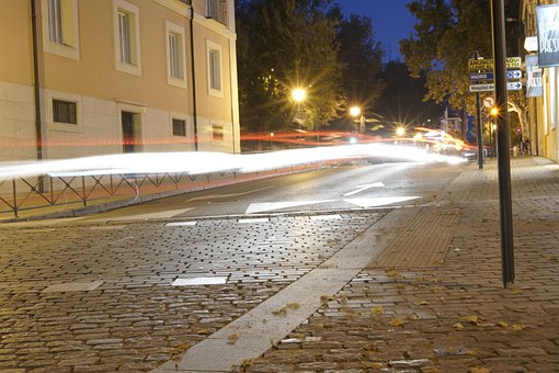 Calle, Ciudad, Acera, Noche, Cielo