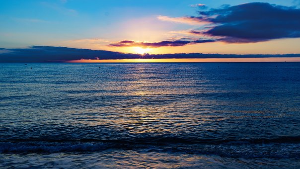 Nascer Do Sol, Mar, Azul, De Manhã