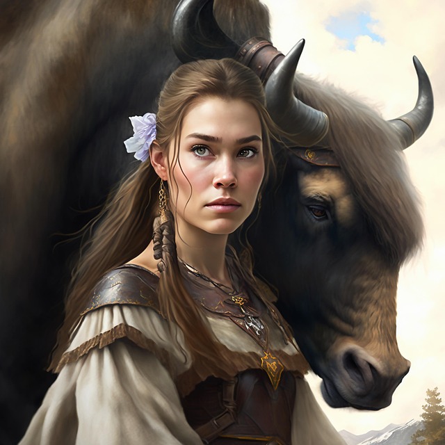 Free woman medieval bison illustration