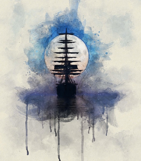 Free boat moon ocean illustration