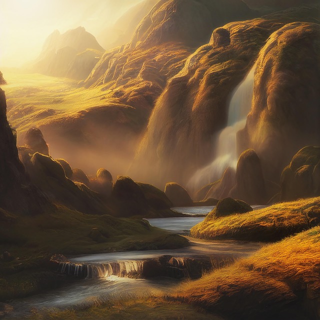 Free fantasy grass hill waterfall illustration