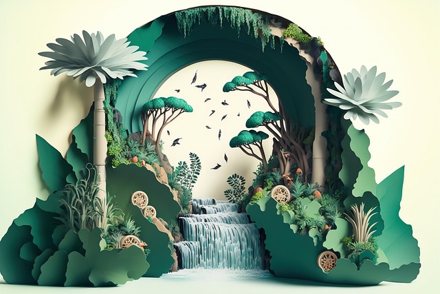 Free jungle waterfall papercraft illustration