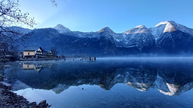 lake, mountains, fog, landscape, nature, austria, reflection, sky, water, blue sky, blue, snow