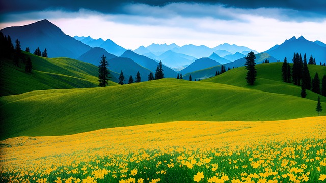 Download free HD stock image of Flowers Field Free flowers field mountains illustration