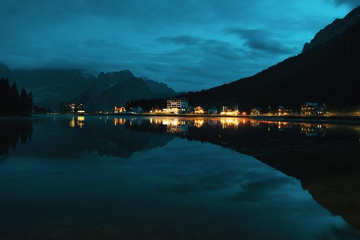 Lago, Noche, Pueblo, Montañas