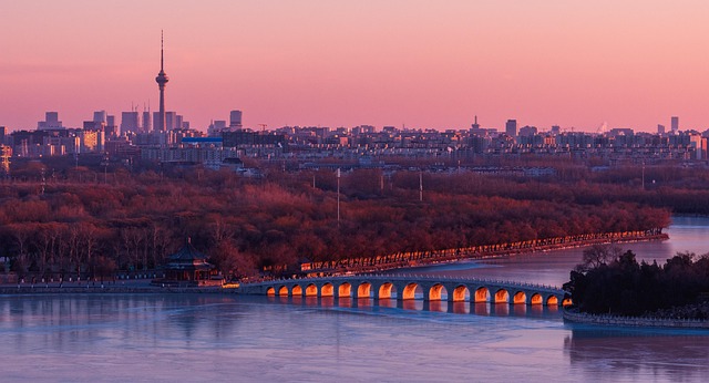 bridge, sunset, summer palace, gold, beijing, winter solstice, nature, pink, sky, china, light