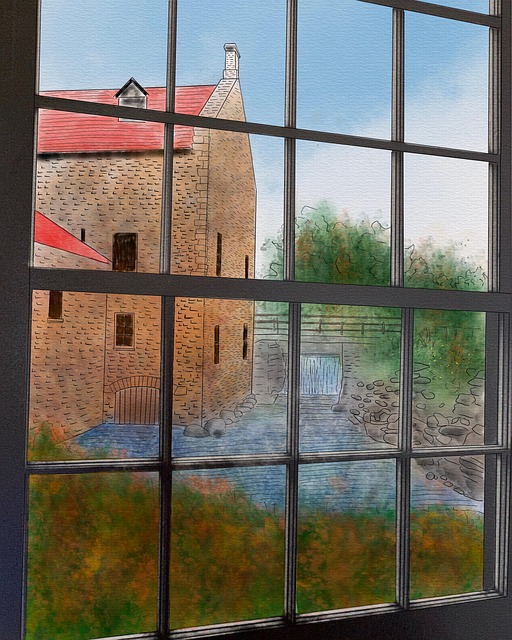 Fenster, Fensterrahmen, Bachlauf, Mühle