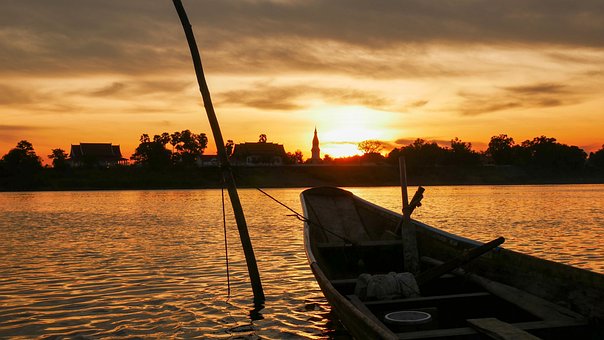 Sonnenuntergang, Boot, Fluss, Natur