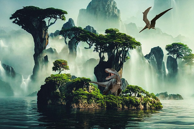 Free dinosaurs lake mountains illustration