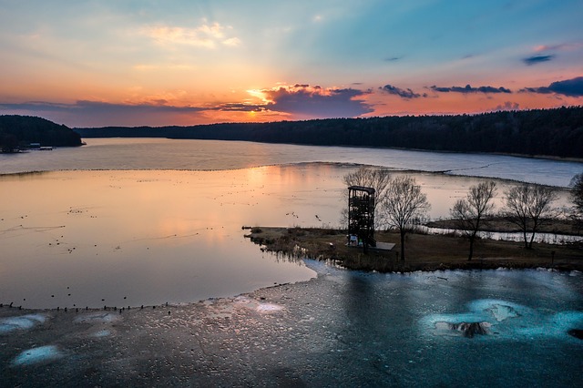 Masuria, Lago, Oeste, Crepúsculo, Torre