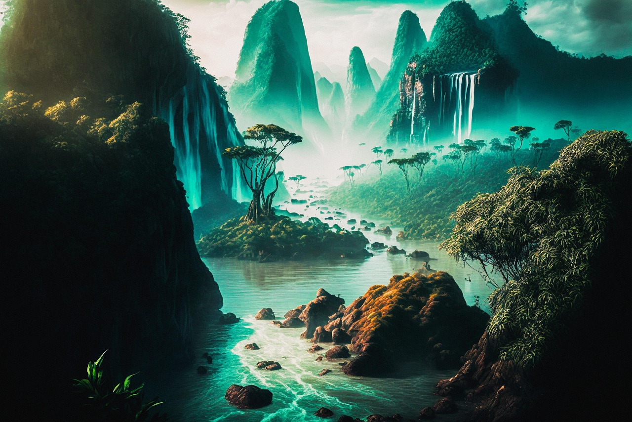 Download free HD stock image of Mountains Waterfall Free mountains waterfall trees illustration