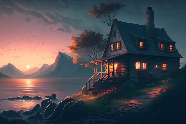 Free mountain riverside lodge illustration